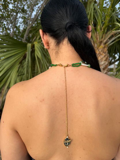 Golden Twin Orchid Grace Two Mini Orchid Orchid Necklace – Green Crystals, Long Pearls, Crystal Heart & Dragonfly on Green Mother-of-Pearl Extension