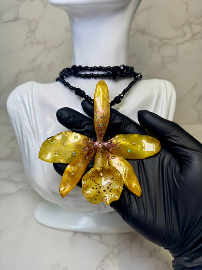 Milagro Handmade Real Yellow Orchid Necklace | Black Crystal Bead Jewelry | Resin Flower Pendant | Made in USA