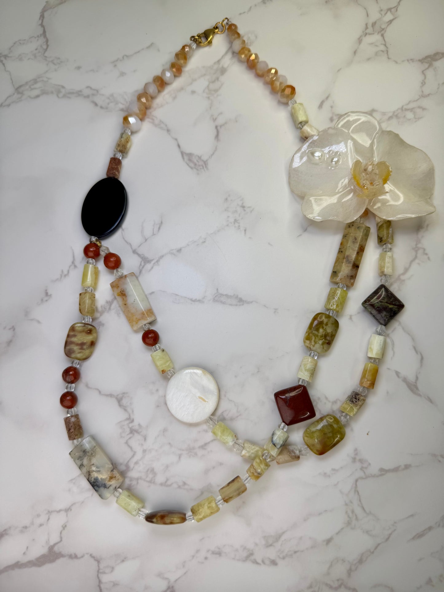 Pearl Dawn Orchid Natural Flower Preserved in Resin White real orchid flower centerpiece with tiny pearls Paired with a beautiful double beige and crimson stones - glasses crystal necklace