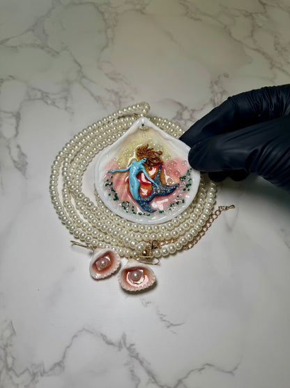 Coral Mermaid Sea Shell Necklace Set– Mermaid in Shell with UV Resin