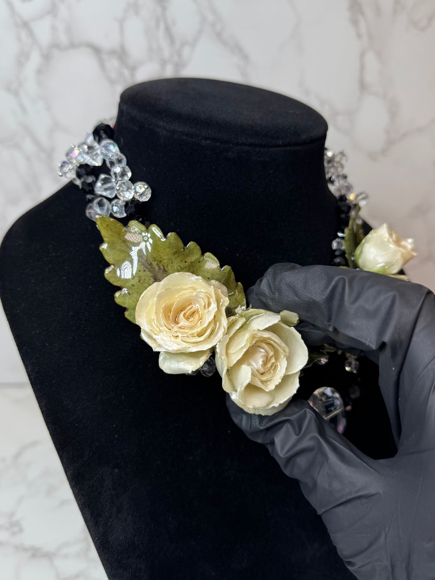 Angela Eternal Rose – Real White Roses in UV Resin & Clear And Black Crystal Necklace | Handmade Floral Jewelry | Made in USA