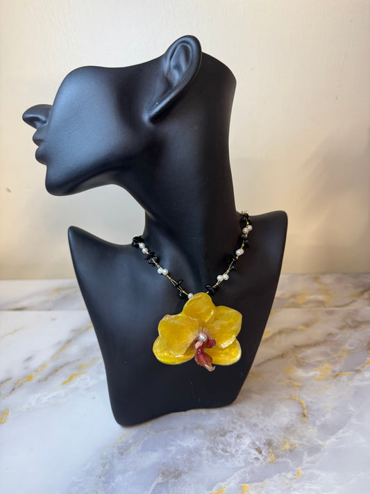 Real Yellow Orchid dried in silica gel and preserved in ultraviolet Resin Necklace made with small pearls and small black crystals