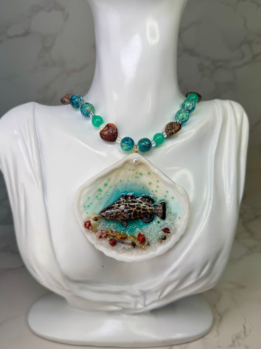 Black Grouper  Shell Necklace - Encapsulated in Real Shell with UV Resin