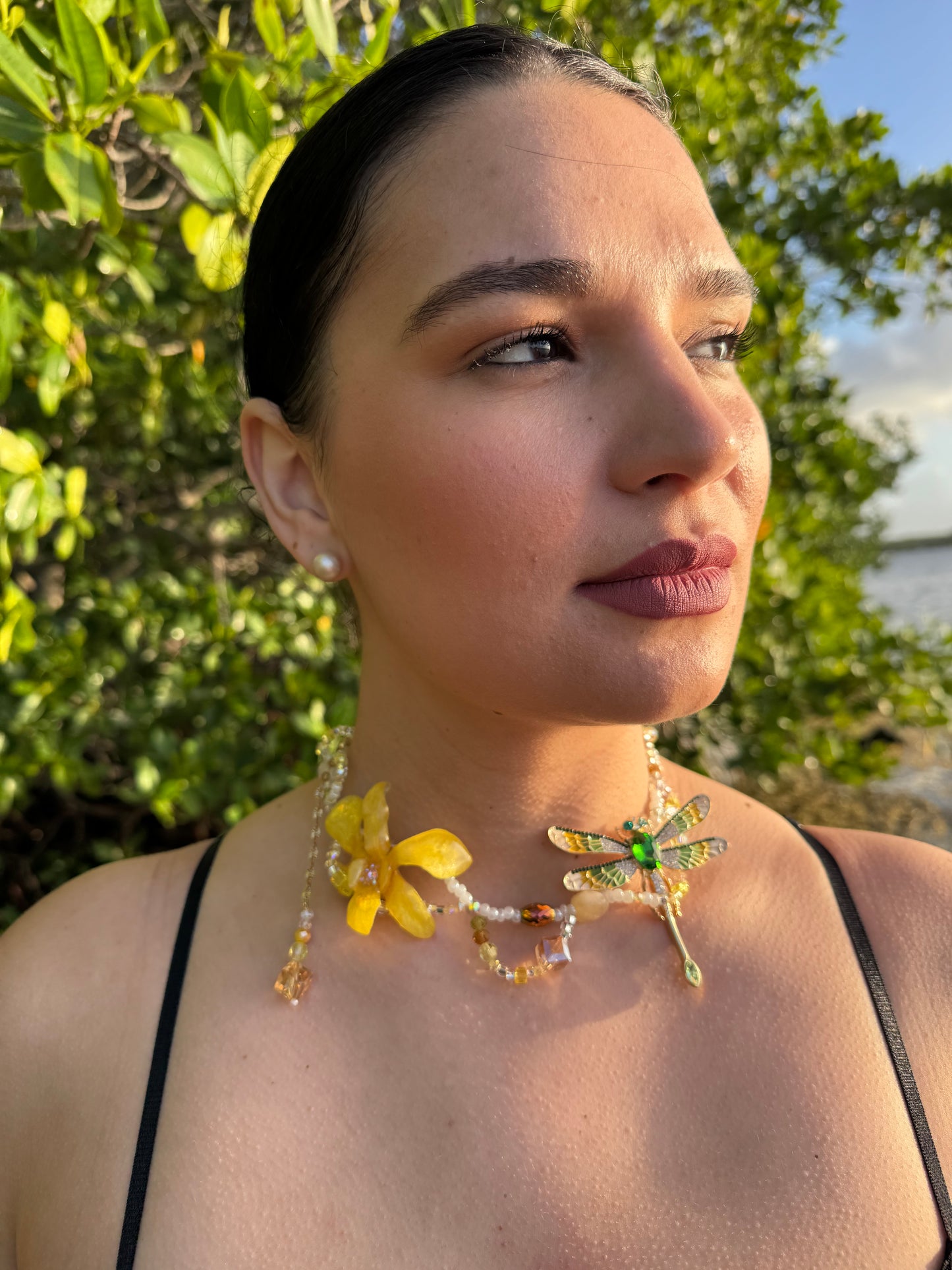 Golden Orchid Dragonfly Necklace
