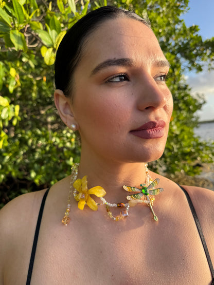 Golden Orchid Dragonfly Necklace