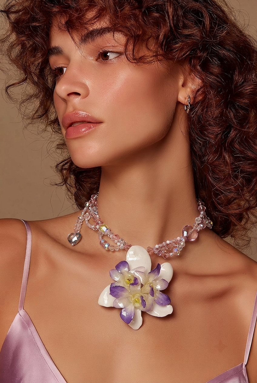 Diana Three Real Preserved Orchids & White Plumeria Necklace| Handmade Botanical Jewelry | Floral Art