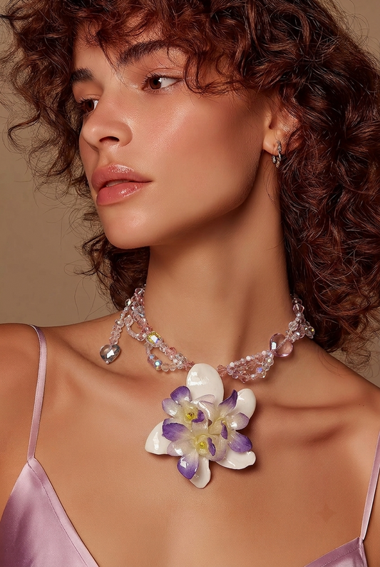 Diana Three Real Preserved Orchids & White Plumeria Necklace| Handmade Botanical Jewelry | Floral Art