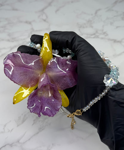 Oceanlight Cattleya Bloom Purple & Yellow Cattleya Orchid Necklace – Clear & Light Blue Crystal Beads