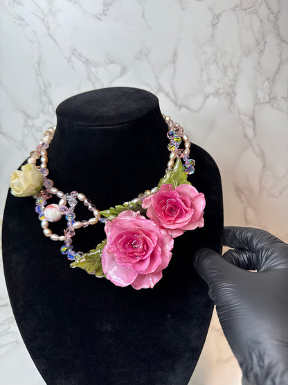 Love Eternal Rose – Real pink Roses in UV Resin & Freshwater Pearl Necklace | Handmade Floral Jewelry | Made in USA