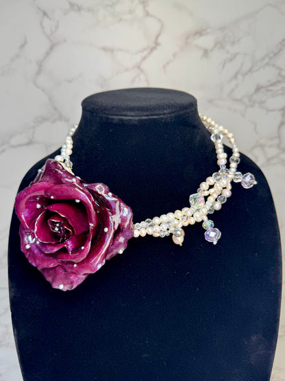 Scarlet Handmade Real Red Rose Necklace | Preserved Flower Jewelry with Freshwater Pearls & Crystal Beads | Made in USA