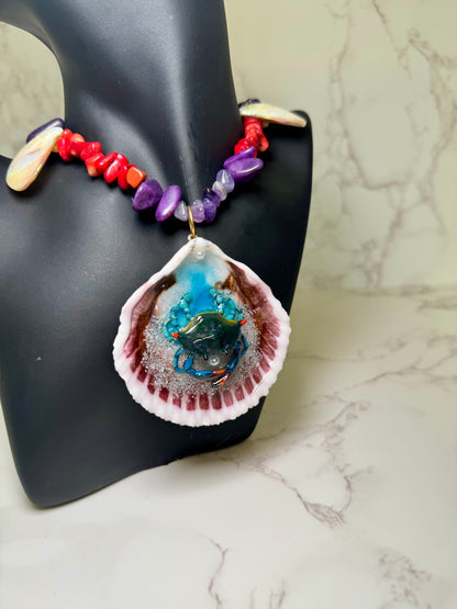Set Blue Crab Necklace Resin‑Encased Shell Collection Shell Necklaces Sea Necklaces Epoxy Resin
