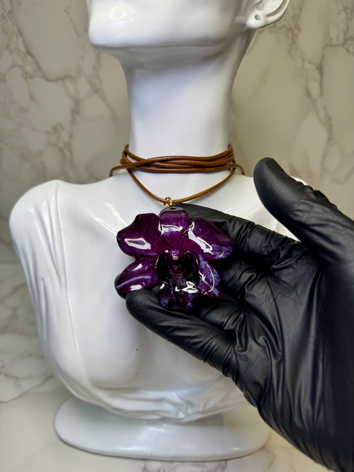 Ana Handmade Real Mini Dark Purple Orchid Necklace | Resin Flower Jewelry | Made in USA