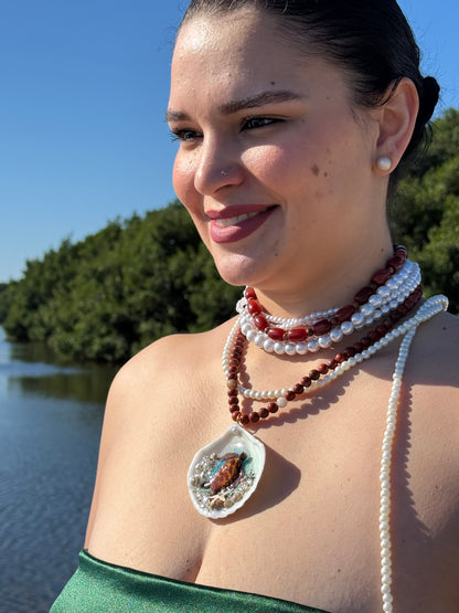 Tyrionis – LIMITED EDITION – NYFW EXHIBITION PIECE Handmade Natural Seashell Necklace with Handcrafted Brown Sea Turtle, Natural Sand, Starfish and Shell Accents, Brown, Red & Crimson Glass Beads and Crystal Pearls
