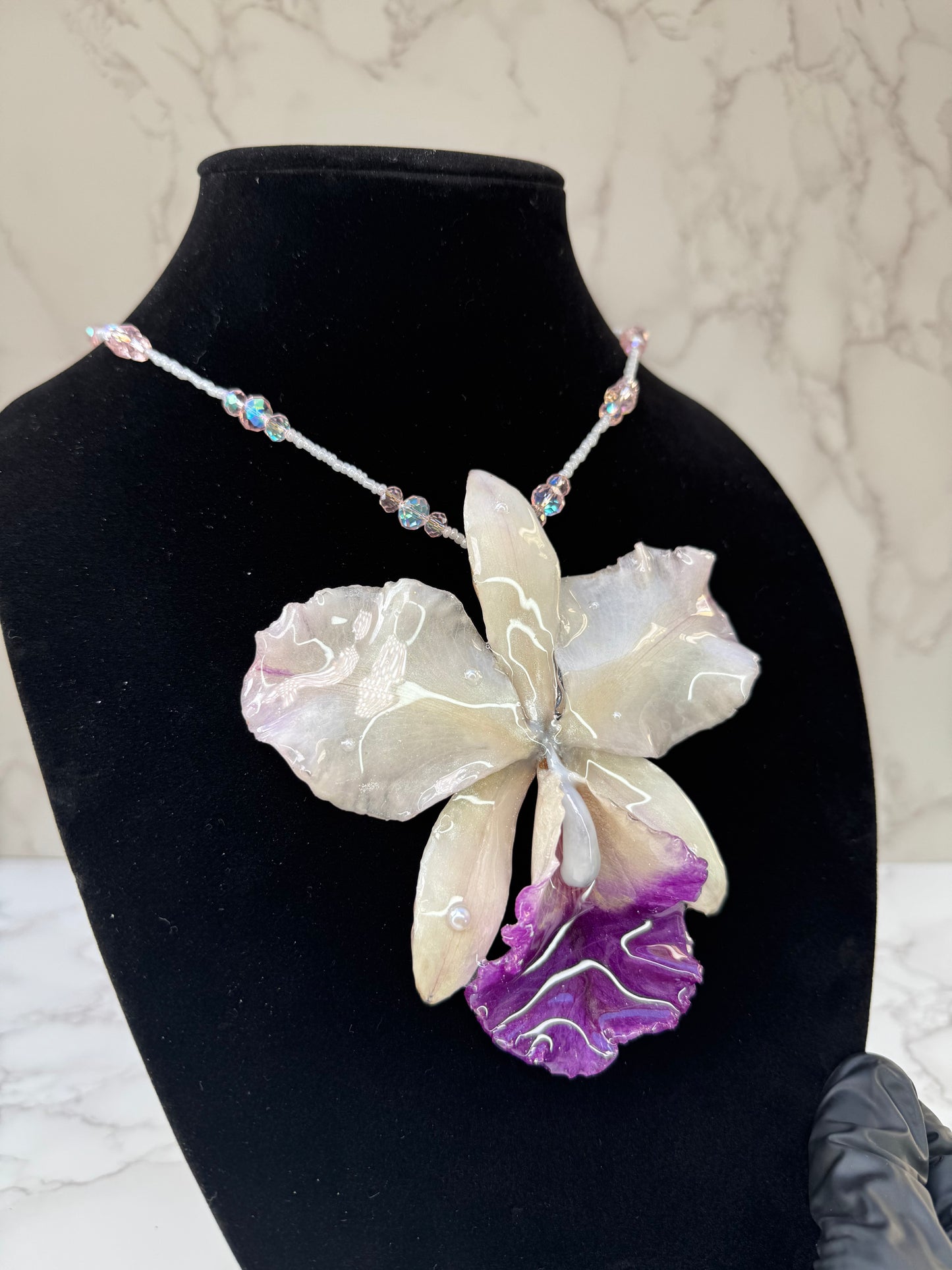 Blush Crystal Cattleya White & Light Purple Cattleya Orchid Necklace – Clear & Pink Crystal Beaded Jewelry