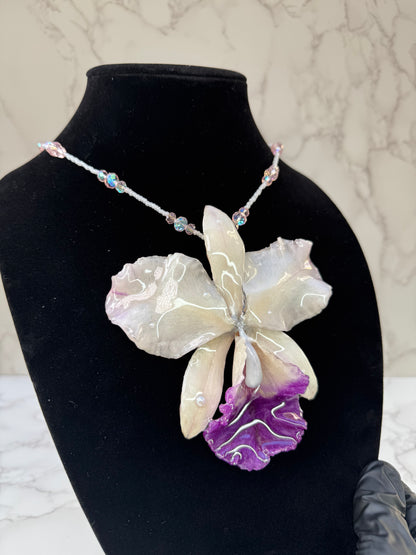 Blush Crystal Cattleya White & Light Purple Cattleya Orchid Necklace – Clear & Pink Crystal Beaded Jewelry
