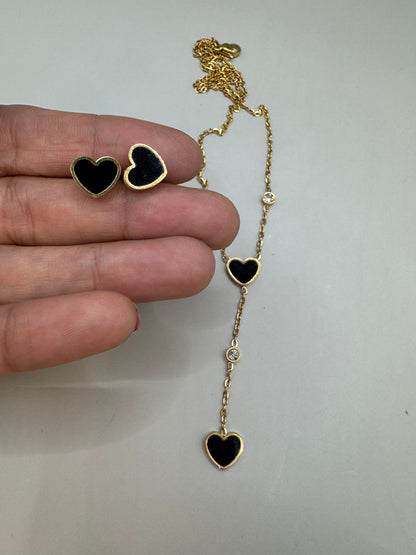 18K Gold Plated Stainless Steel Heart Lariat Necklace & Stud Earrings, Black Jewelry Set