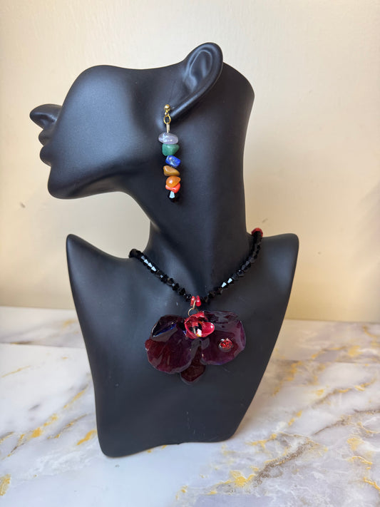 Dark Red to Black Real Orchid dried in silica gel and preserved in ultraviolet Resin Necklace and earrings Made with Natural Stone Accents small red frog incorporated into the petal