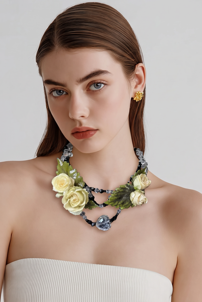 Angela Eternal Rose – Real White Roses in UV Resin & Clear And Black Crystal Necklace | Handmade Floral Jewelry | Made in USA