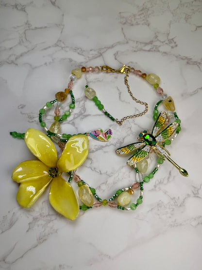 Dalia Golden Dragonfly Yellow Plumeria with Dragonfly – Clear Crystal Necklace | Handmade Floral Jewelry