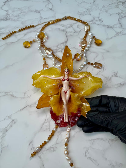 Seraphine – LIMITED EDITION – NYFW EXHIBITION PIECE Handmade Real Yellow Cattleya Orchid Necklace with Hand-Carved Female Figure, Amber Crystals and Mother-of-Pearl Beads Necklace