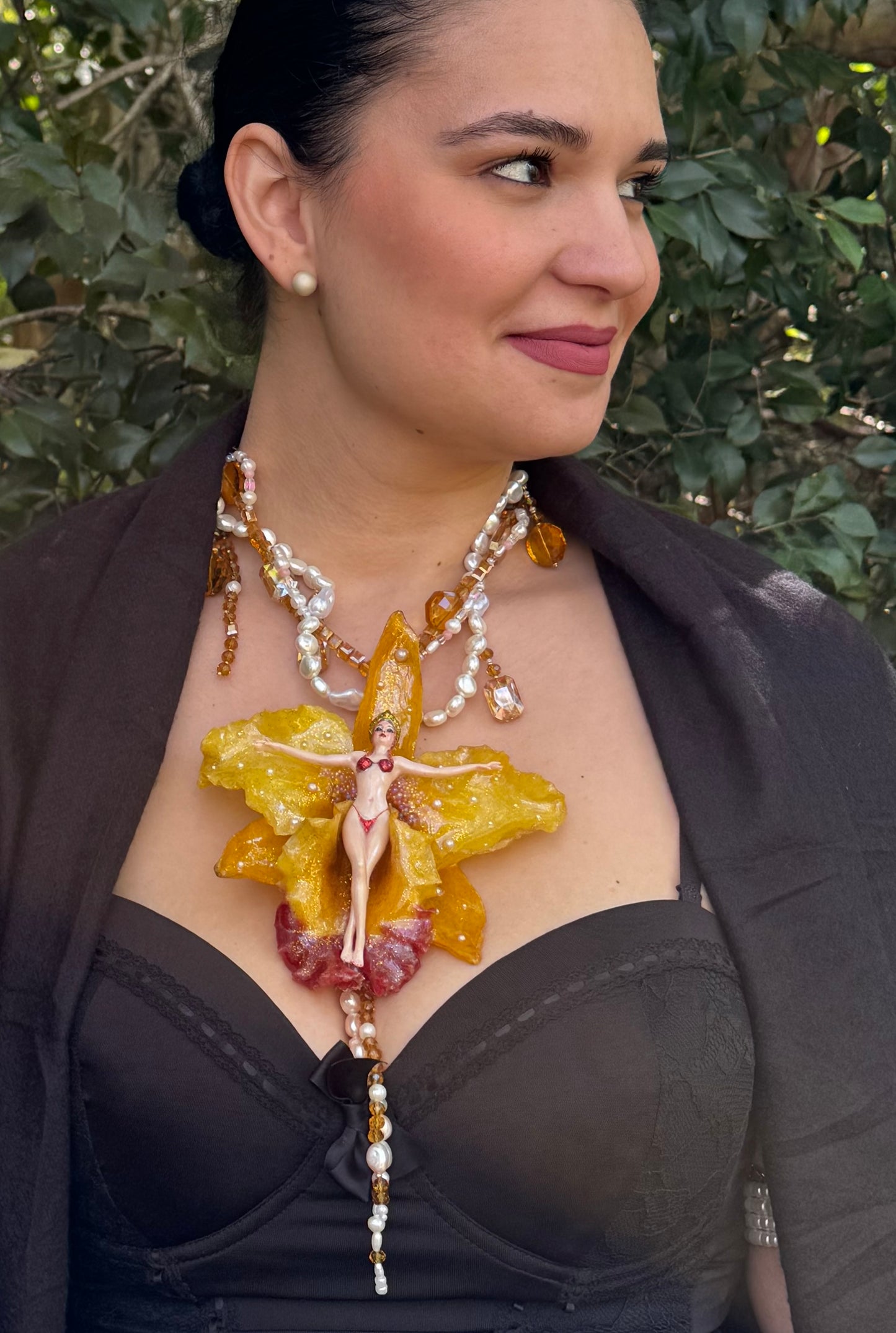 Seraphine – LIMITED EDITION – NYFW EXHIBITION PIECE Handmade Real Yellow Cattleya Orchid Necklace with Hand-Carved Female Figure, Amber Crystals and Mother-of-Pearl Beads Necklace