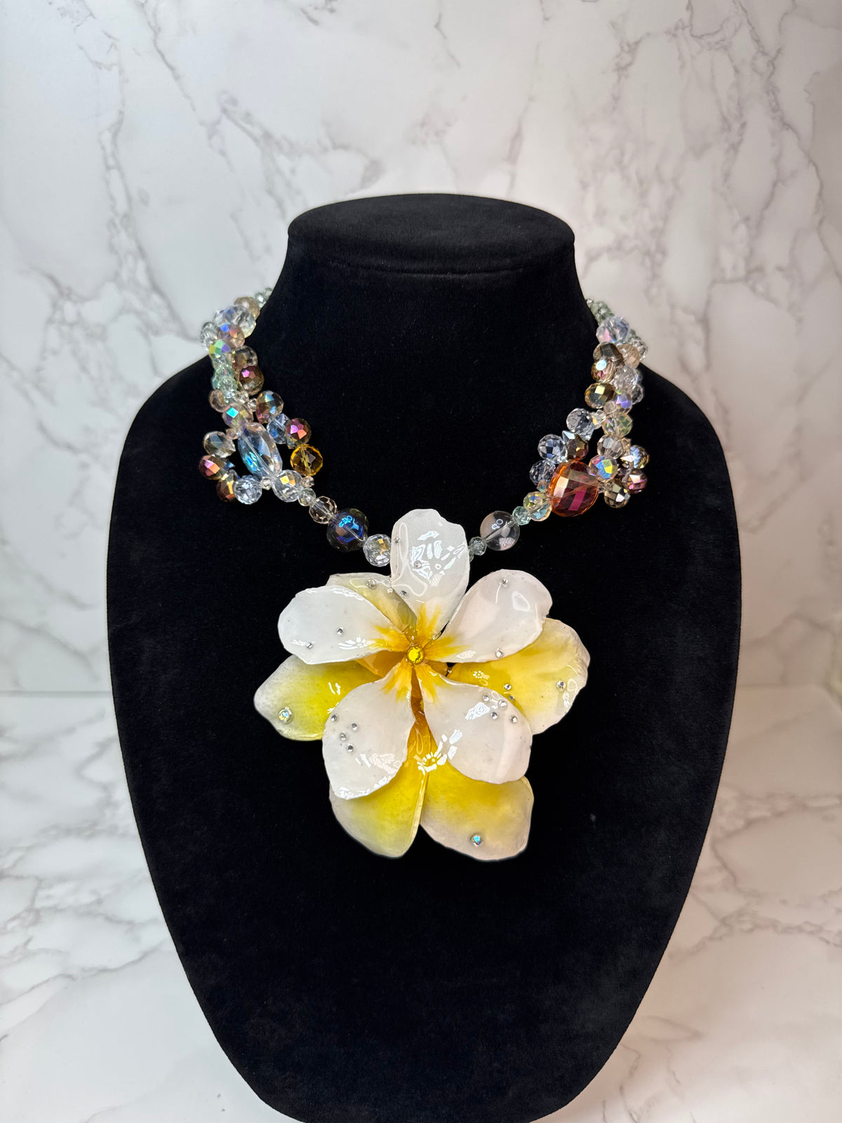 Lucy White & Yellow Clear Plumeria Flowers Crystal Necklace | Handmade Floral Jewelry