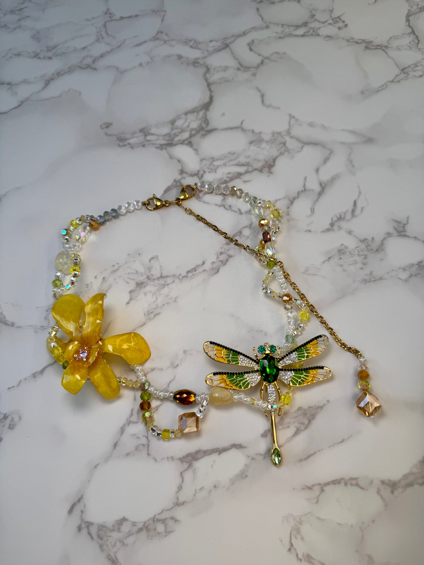 Golden Orchid Dragonfly Necklace
