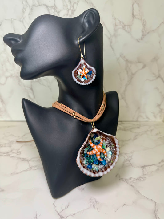 Set Beautiful Orange StarFish with Rocks Handmade Orange Starfish Necklace with White Dots Encapsulated in Real Shell with UV Resin