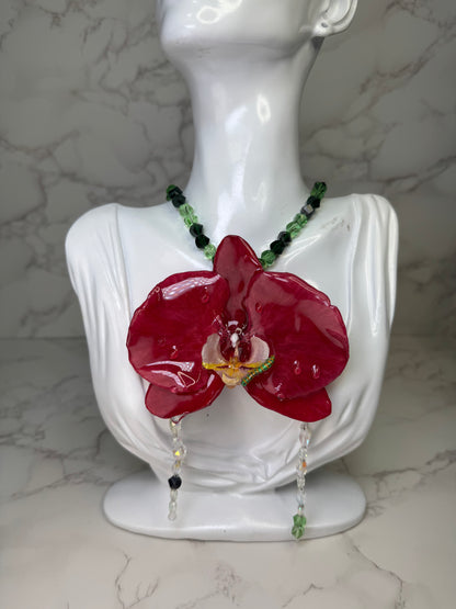 Crimson Garden Whisper Natural Flower Preserved in Resin Red real orchid flower with a miniature Green Caterpillar, Beautiful Crystals beaded Necklace