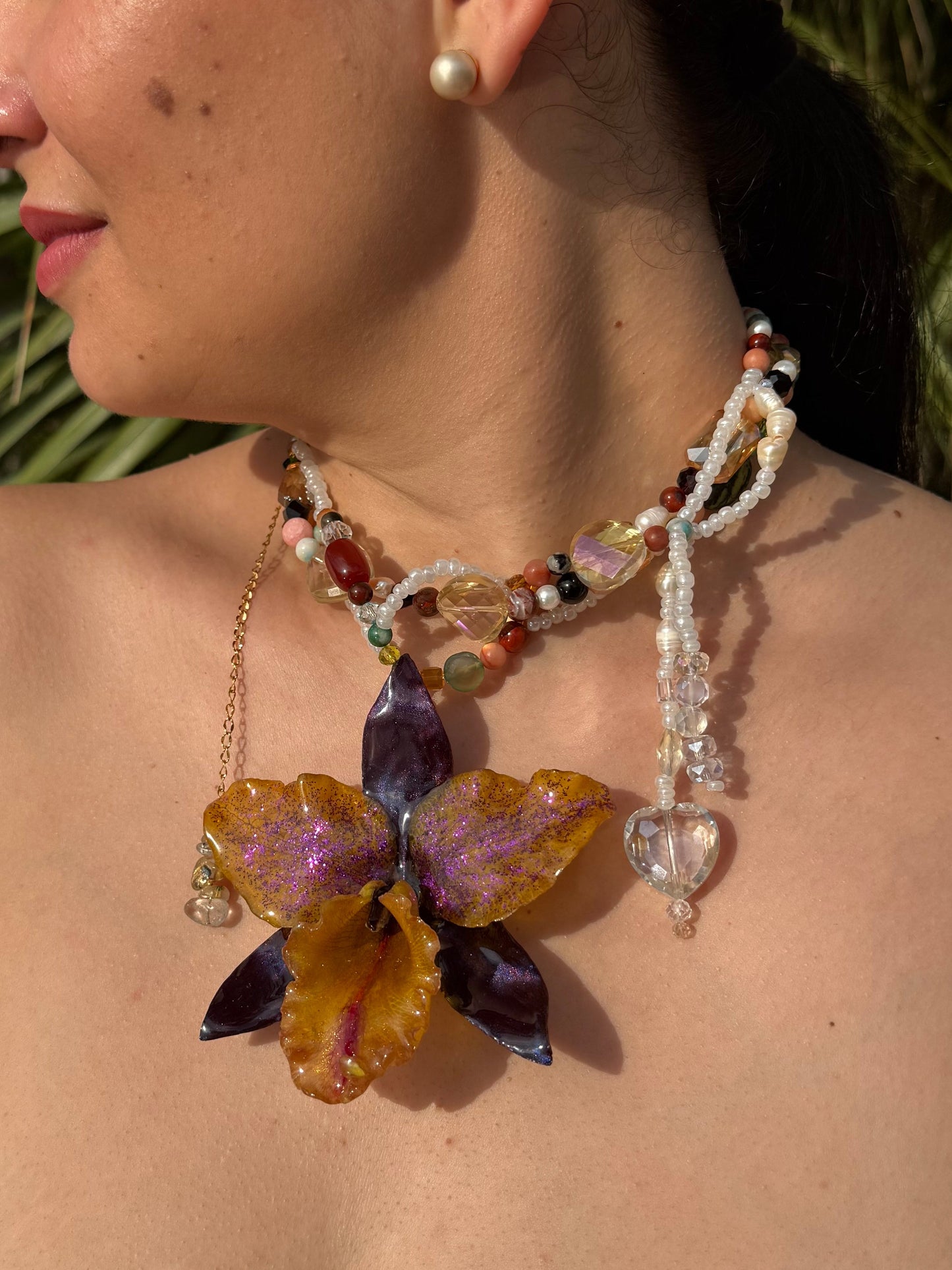 Aurora Carnival Cattleya Golden Cattleya Orchid Necklace – Purple Iridescent Petals & Multicolor Crystal & Gemstone Beads