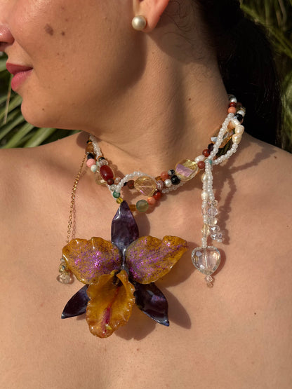 Aurora Carnival Cattleya Golden Cattleya Orchid Necklace – Purple Iridescent Petals & Multicolor Crystal & Gemstone Beads