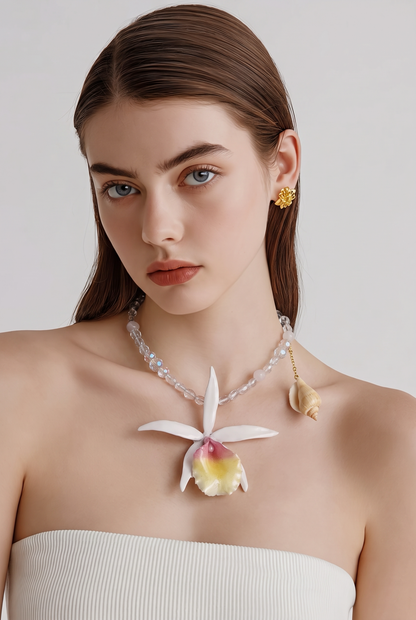 Dahlia Handmade Real Orchid Necklace | Crystal Bead Jewelry | Resin Flower Pendant | Made in USA