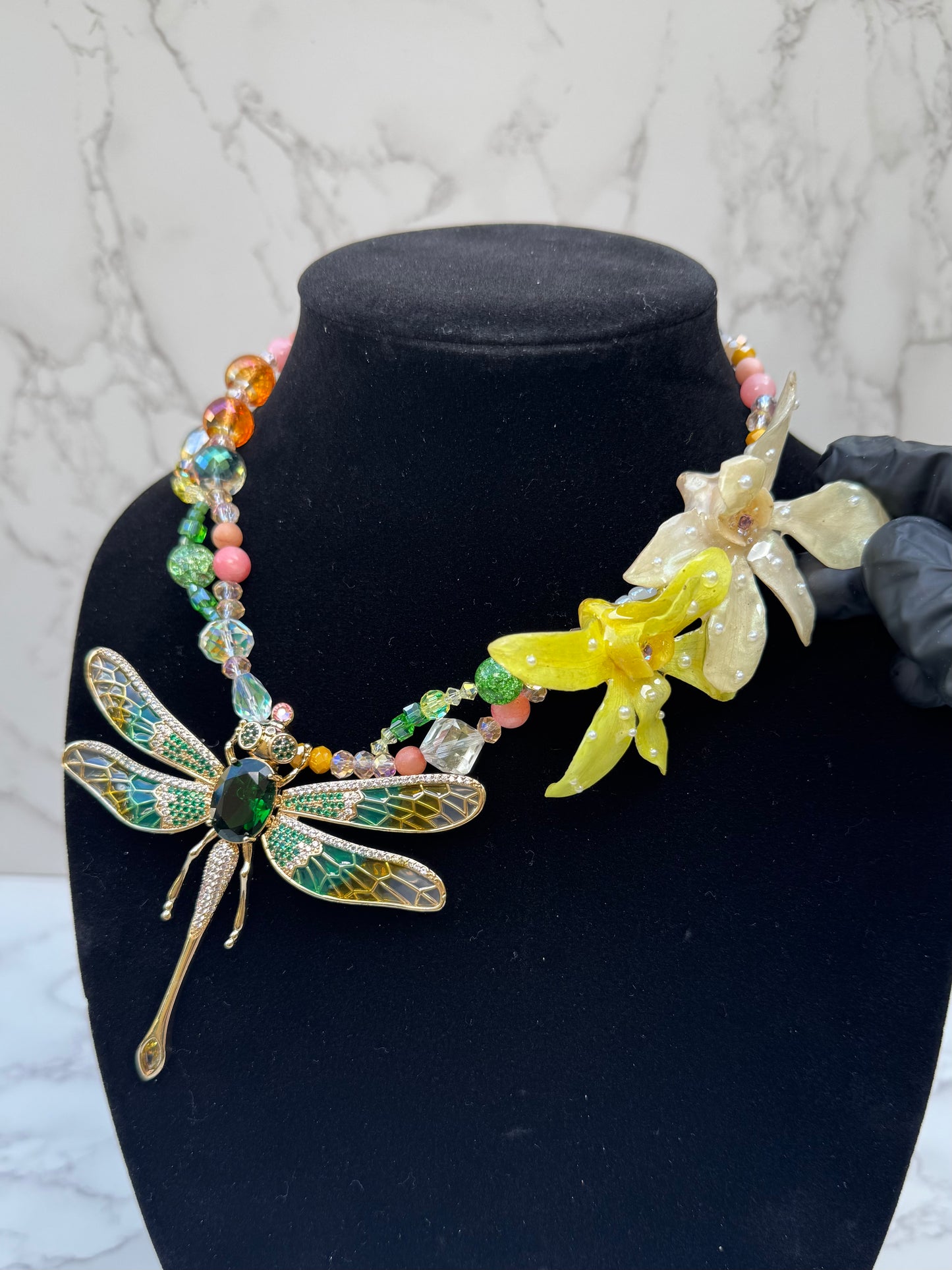 Golden Dragonfly Yellow Orchid with Dragonfly – Green & Clear Crystal Necklace | Handmade Floral Jewelry