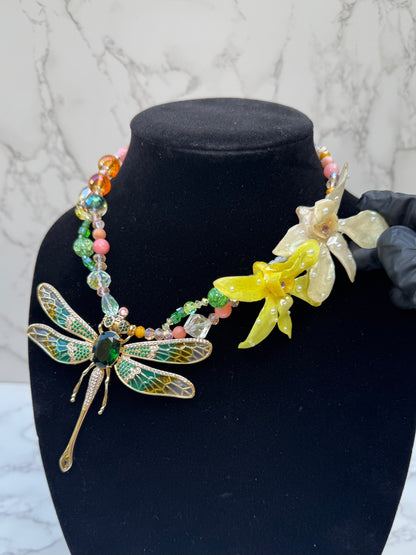 Golden Dragonfly Yellow Orchid with Dragonfly – Green & Clear Crystal Necklace | Handmade Floral Jewelry