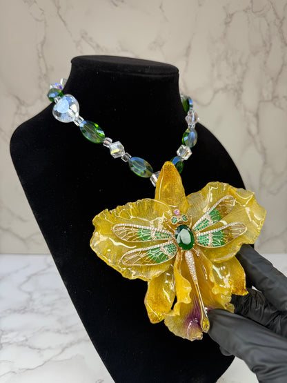 Golden Dragonfly Cataleya Yellow Cattleya Orchid with Dragonfly – Green & Clear Crystal Necklace | Handmade Floral Jewelry