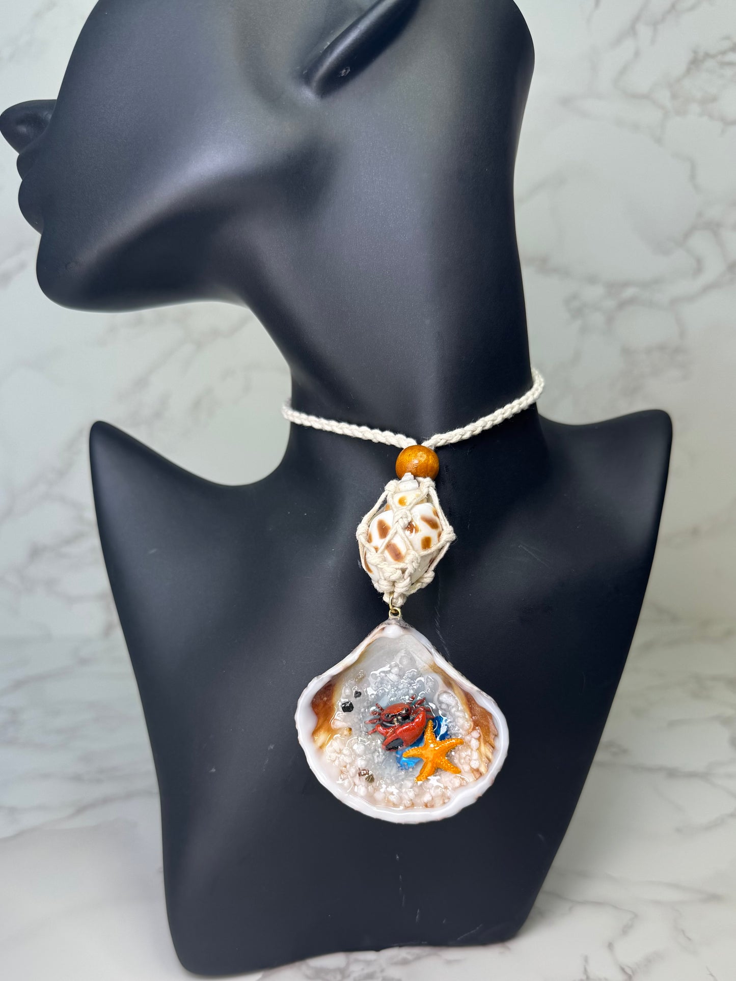 Red Crab And The Little yellow star  Shell Necklace - Encapsulated in Real Shell with UV Resin