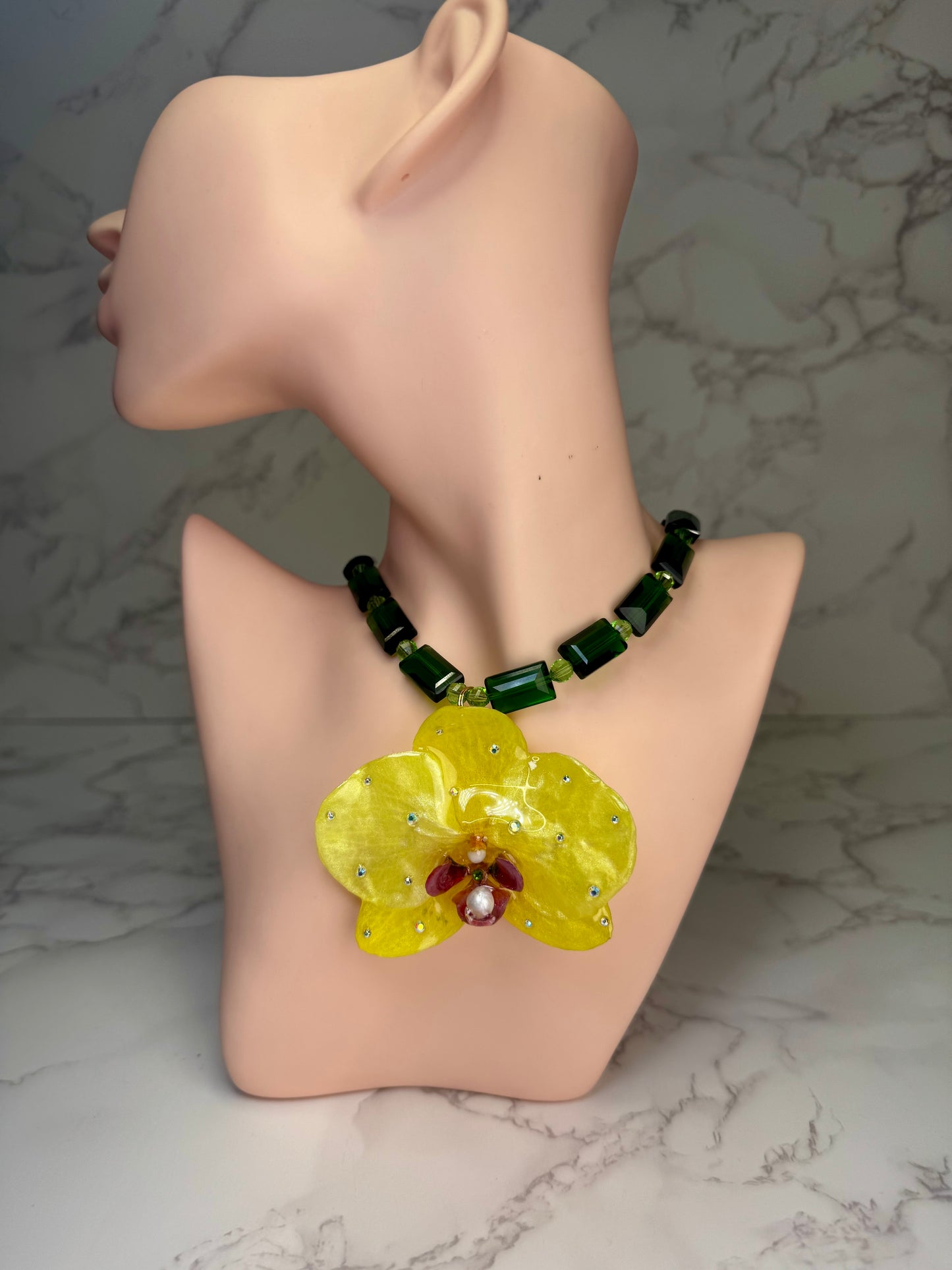 Vida Handmade Real Yellow Orchid Necklace | Green Natural Crystal Bead Jewelry | Resin Flower Pendant | Made in USA