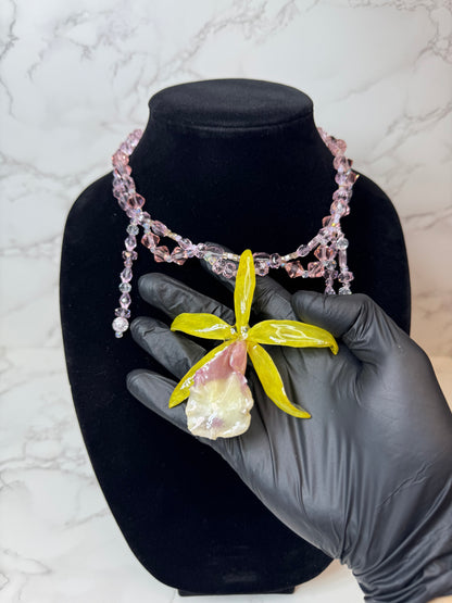 Lili Handmade Real Yellow Orchid Necklace | Black Crystal Bead Jewelry | Resin Flower Pendant | Made in USA