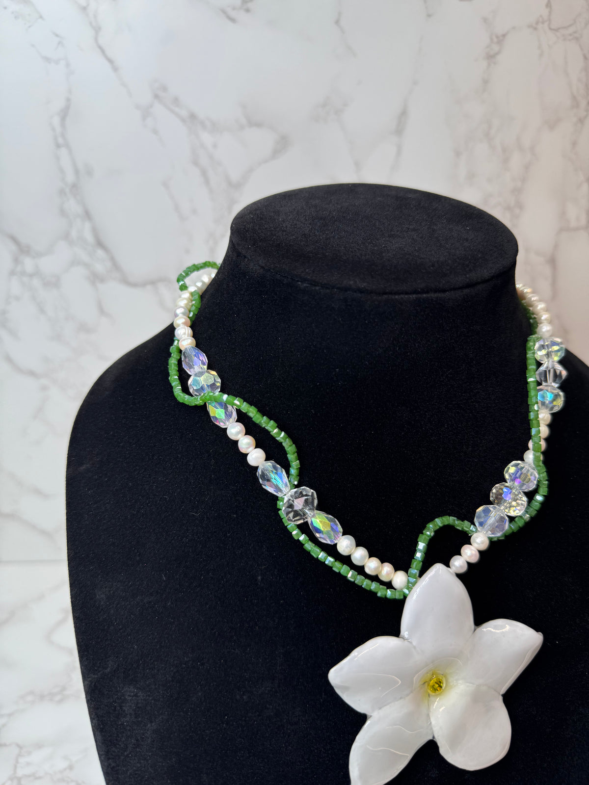 Sweet White Clear Plumeria Flowers Crystal Necklace | Handmade Floral Jewelry