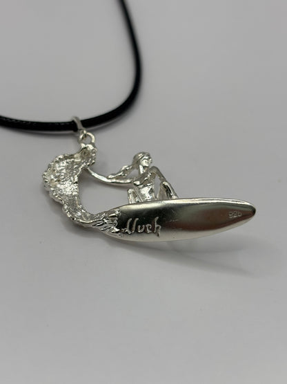 Surfer Girl Riding Surfboard, 925 Sterling Silver