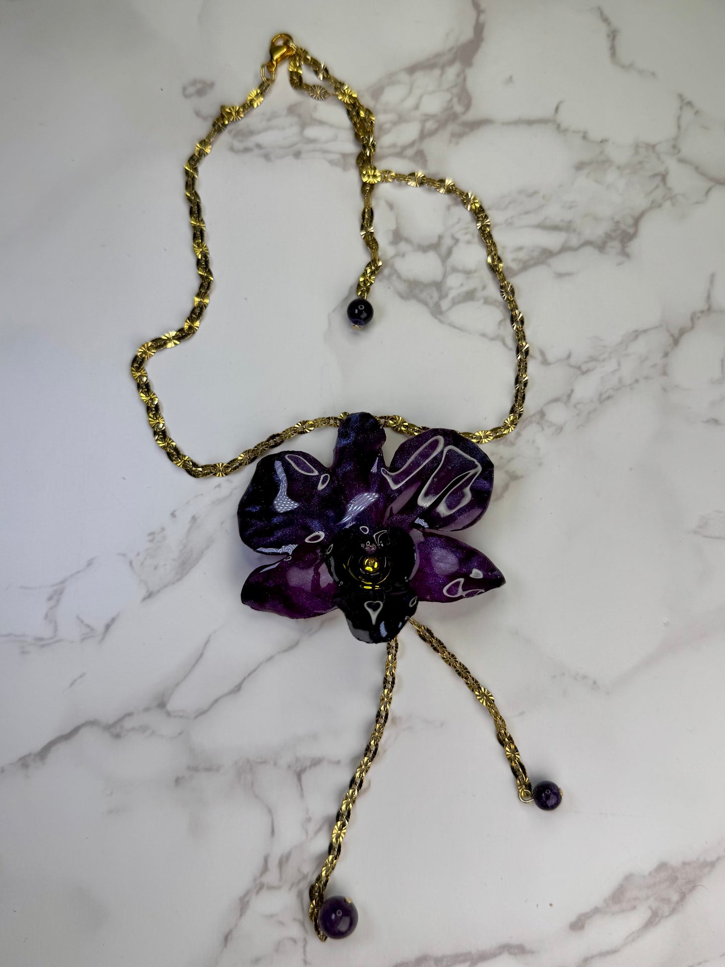 Maria  Handmade Real Mini Dark Purple Orchid Necklace | Resin Flower Jewelry | Made in USA)