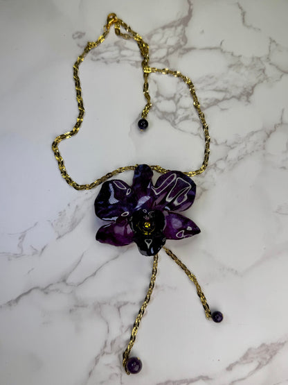 Maria  Handmade Real Mini Dark Purple Orchid Necklace | Resin Flower Jewelry | Made in USA)