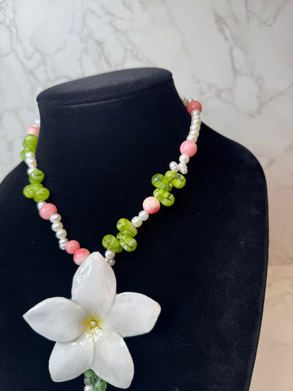 White Clear Flower Crystal Necklace | Handmade Floral Jewelry