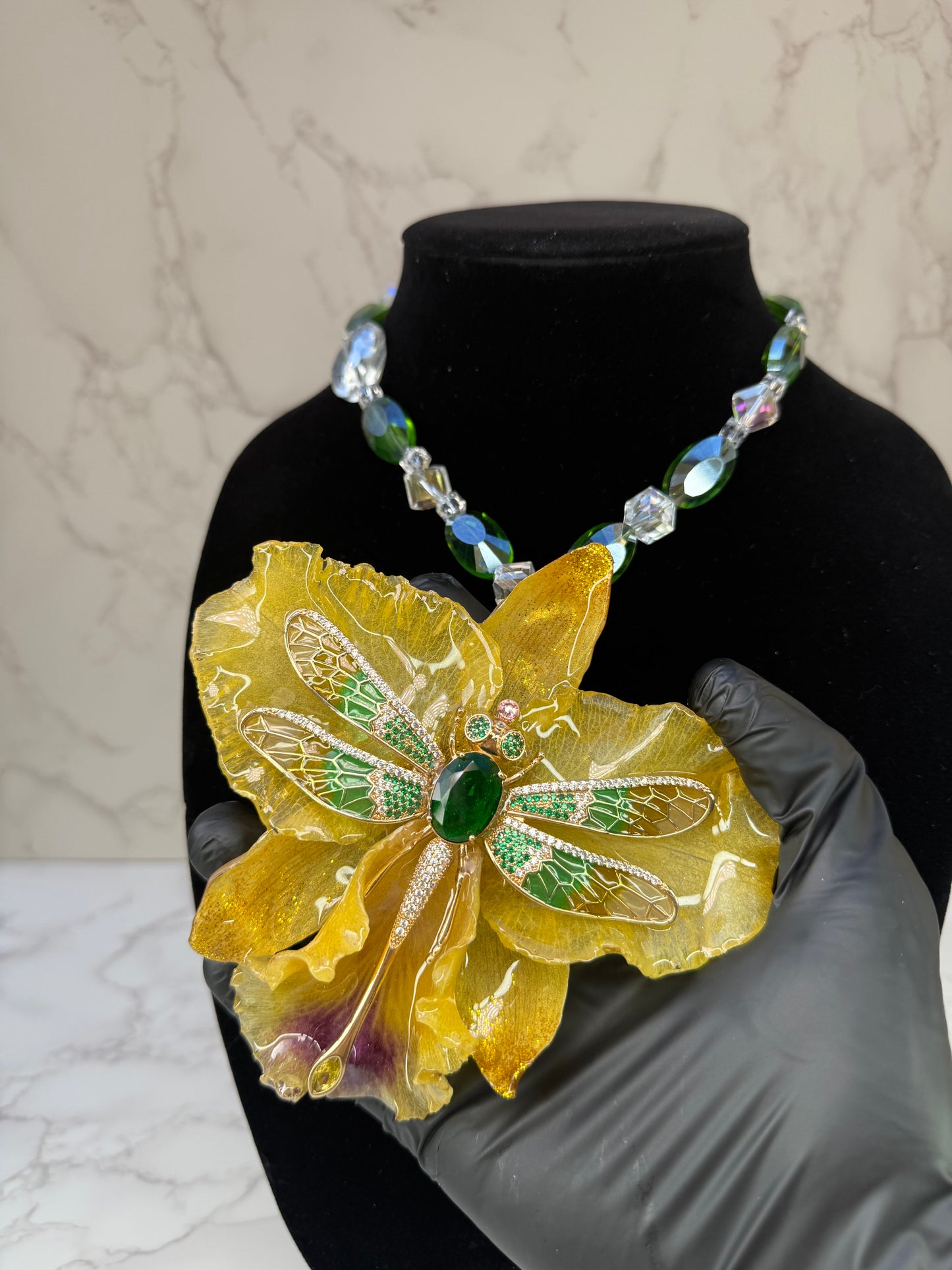 Golden Dragonfly Cataleya Yellow Cattleya Orchid with Dragonfly – Green & Clear Crystal Necklace | Handmade Floral Jewelry