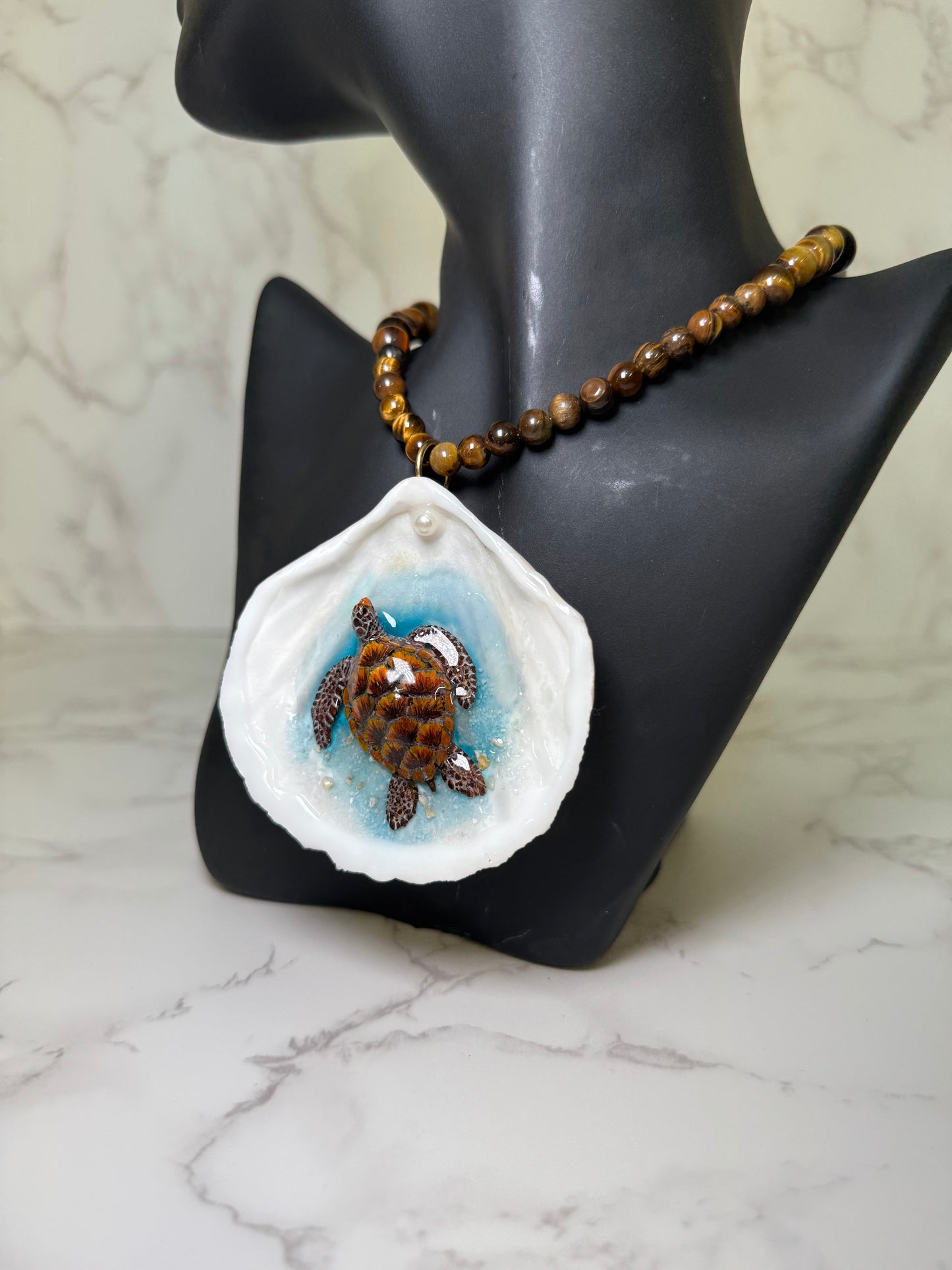 Dark Brown Sea Turtle Resin‑Encased Sea Turtle in Shell with UV Resin on Crystal Bead Necklace
