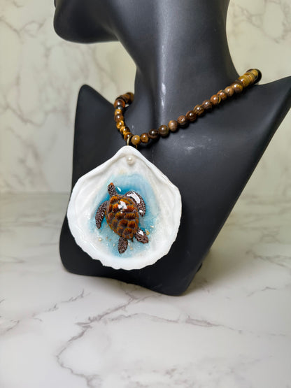 Dark Brown Sea Turtle Resin‑Encased Sea Turtle in Shell with UV Resin on Crystal Bead Necklace