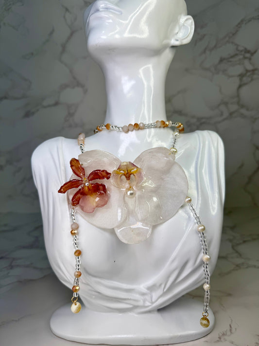 White Orchid & Mini Cattleya Orchid Necklace