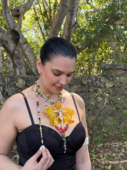 Helia – LIMITED EDITION – NYFW EXHIBITION PIECE Handmade Real Yellow Orchid Art Necklace with Hand-Carved Female Figure, Freshwater Pearls and Multitone Crystal Details