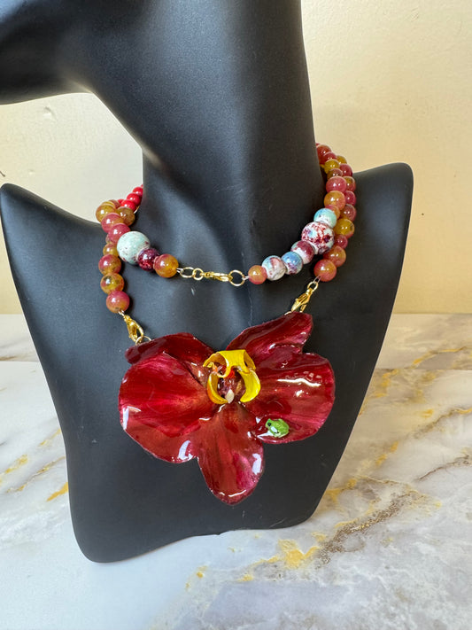 Crystal Real Red Orchid Real orchid dried in silica gel and preserved in ultraviolet Resin Necklace Made with crystal Accents Small red frog incorporated into the petal