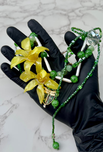 Golden Twin Orchid Grace Two Mini Orchid Orchid Necklace – Green Crystals, Long Pearls, Crystal Heart & Dragonfly on Green Mother-of-Pearl Extension